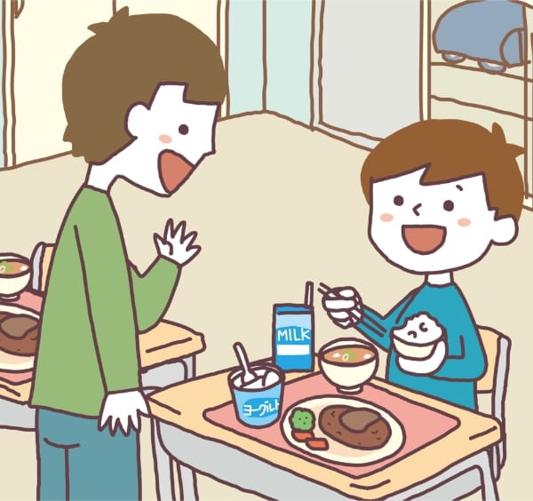 友だちが給食を食べているときに「早く遊びにいこう！」と話しかけたら、どのくらい飛沫が出るか